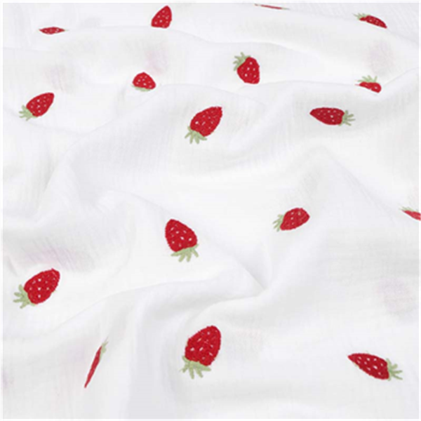 Stuv Muslin Broderade Jordgubbar 0,8m 052883 Vit/Röd 050 | Partityger | Partityger | Ohlssons Tyger